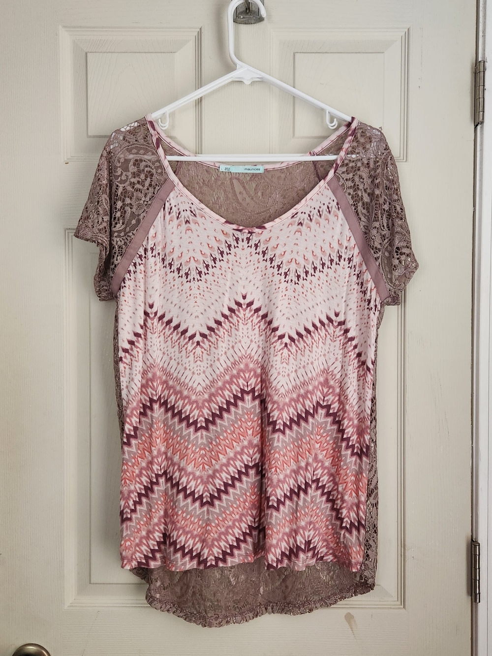 Maurices Pink Mauve Chevron Lace-Sleeve Top